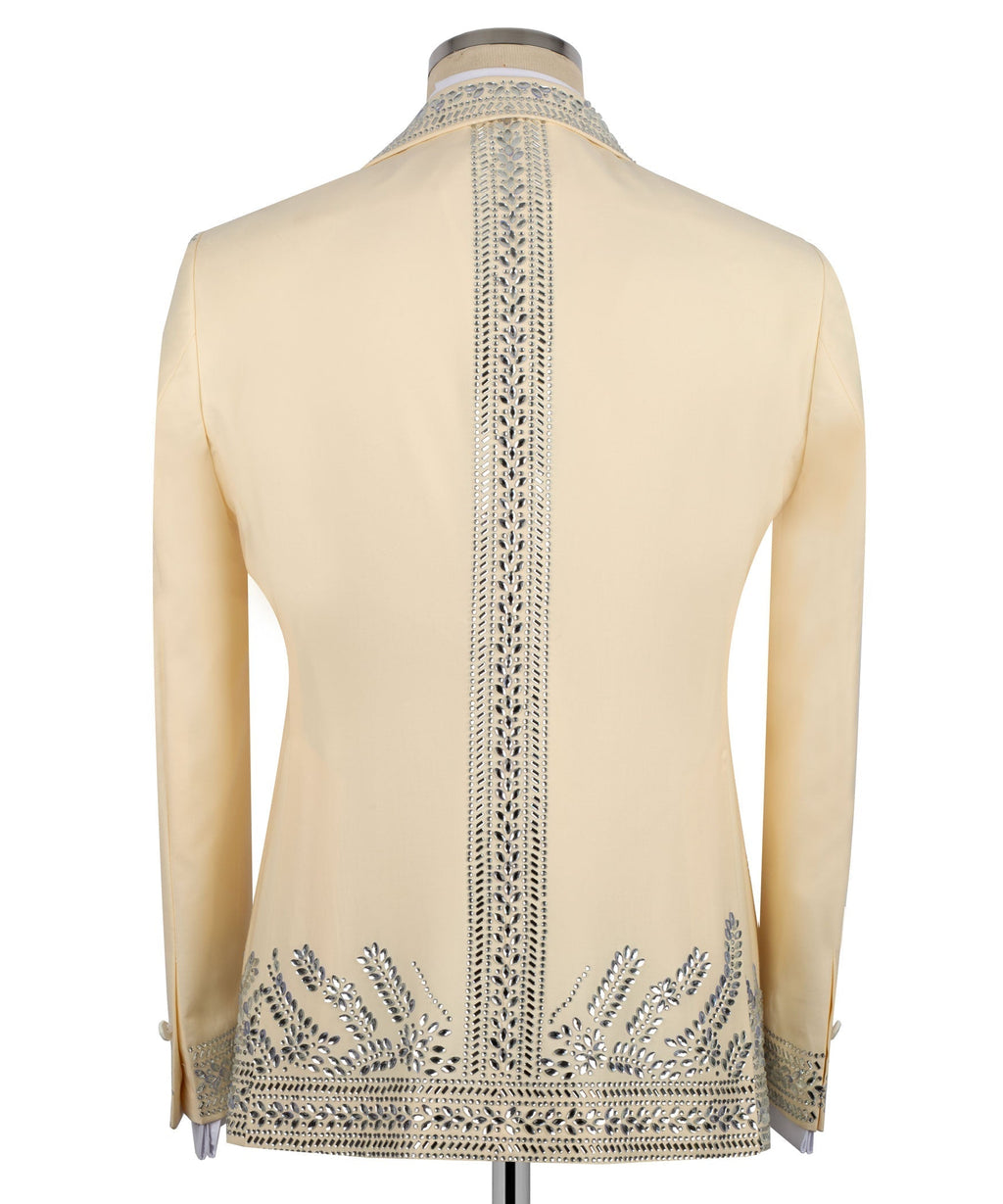 Back view light yellow tuxedo jacket with vertical silver stone embroidery