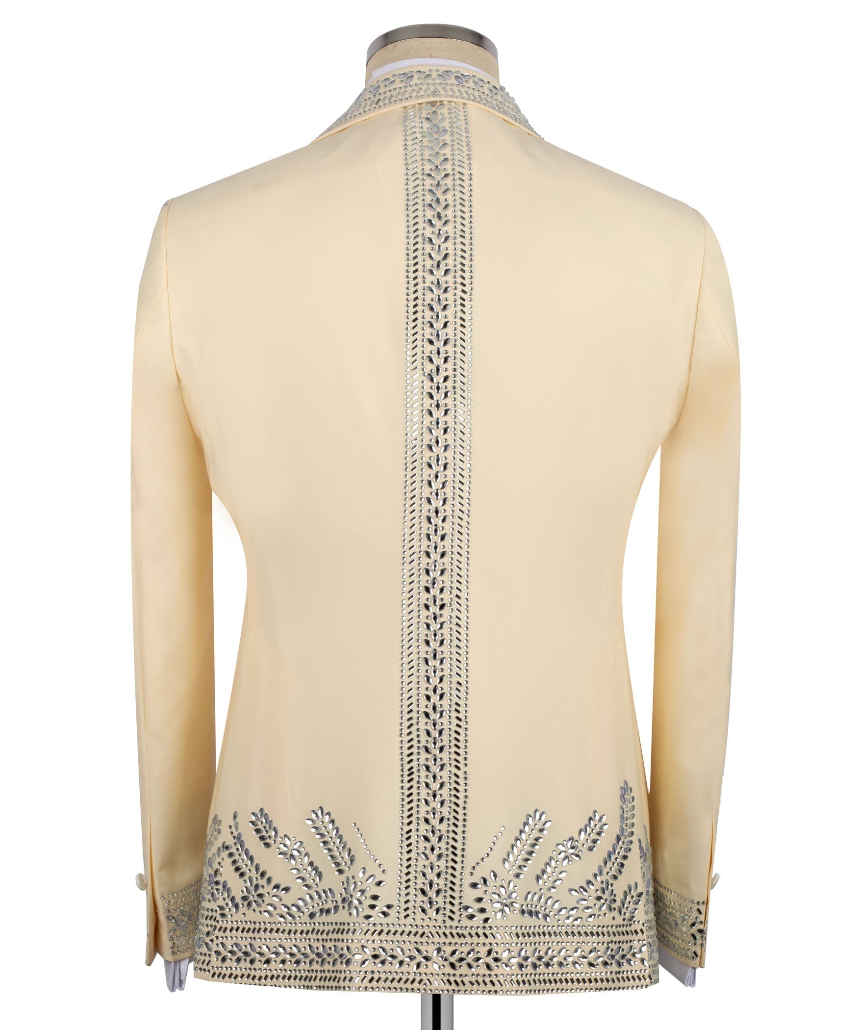 Back view light yellow tuxedo jacket with vertical silver stone embroidery
