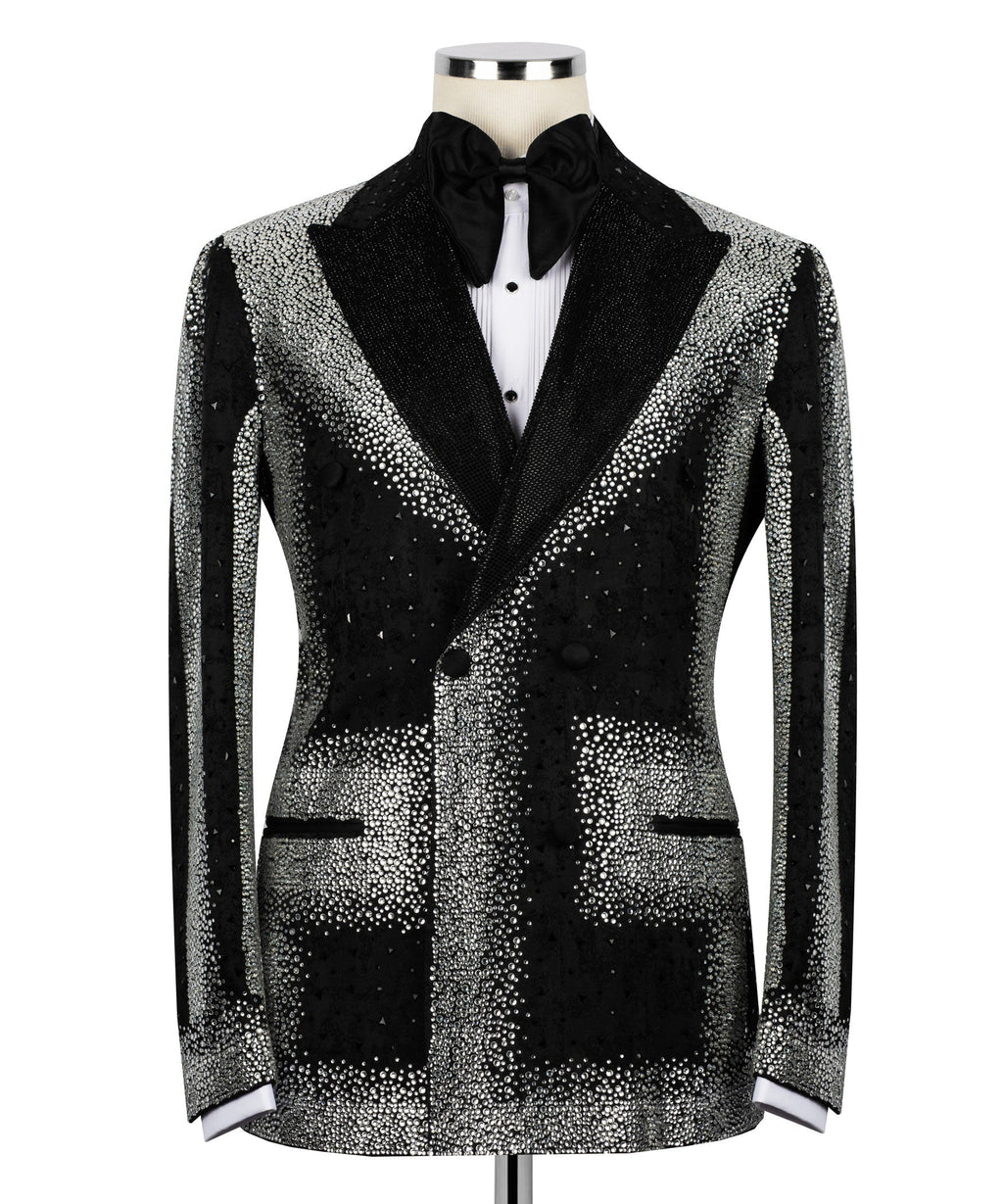 Black tuxedo jacket with silver stone-embellished lapels and panels, bow tie