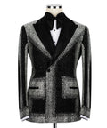 Black tuxedo jacket with silver stone-embellished lapels and panels, bow tie