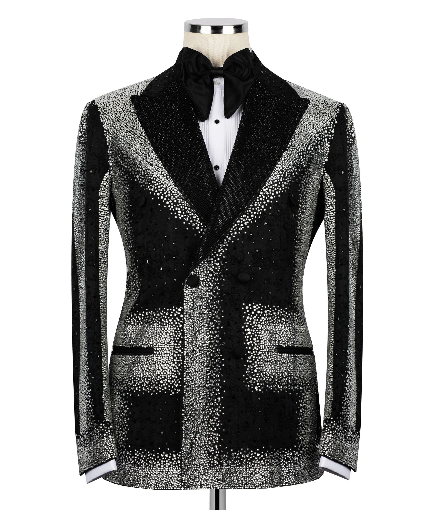 Black tuxedo jacket with silver stone-embellished lapels and panels, bow tie