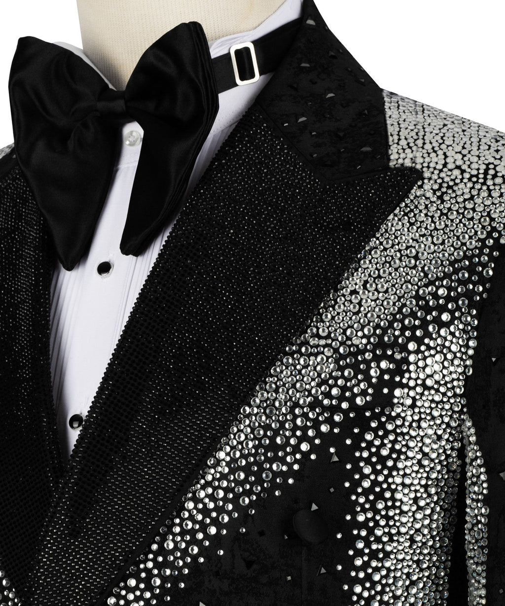 Tuxedo bow and black satin lapel with dense silver stone embroidery
