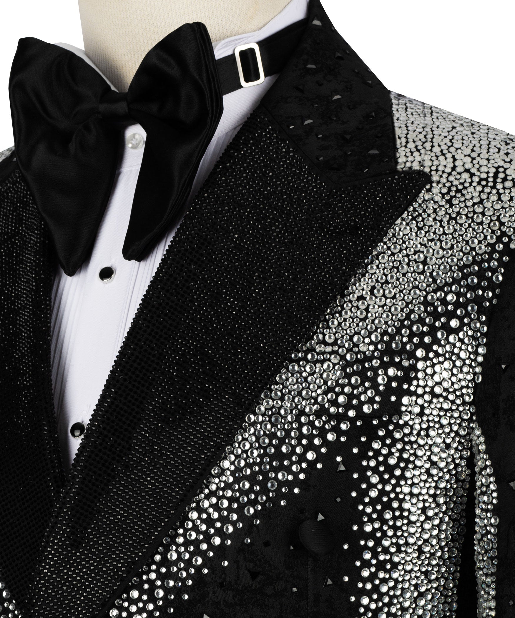 Tuxedo bow and black satin lapel with dense silver stone embroidery