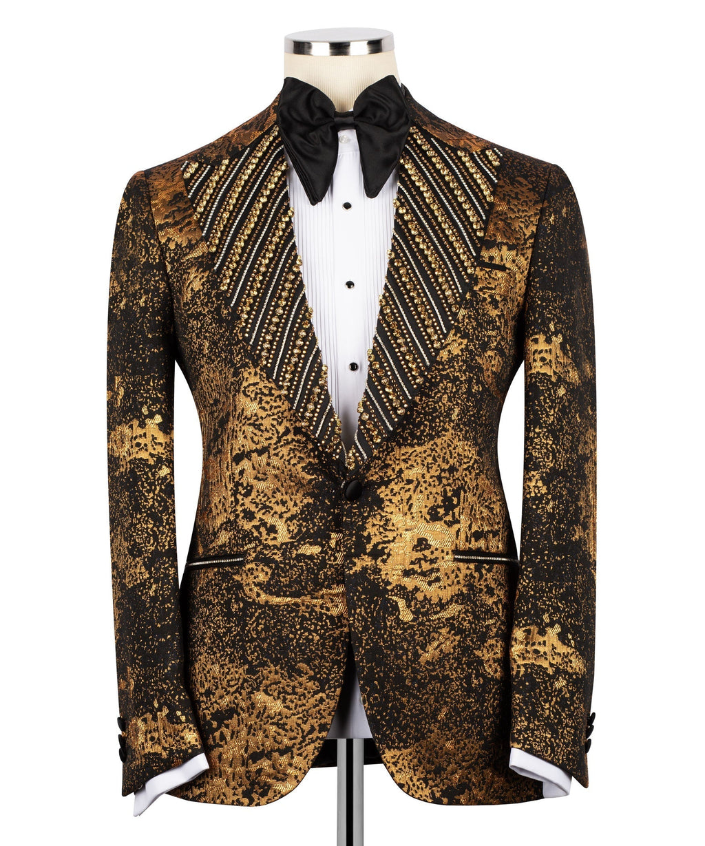 Men's gold-stone embroidered tuxedo jacket with black lapels, bow tie, and white shirt