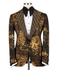 Men's gold-stone embroidered tuxedo jacket with black lapels, bow tie, and white shirt