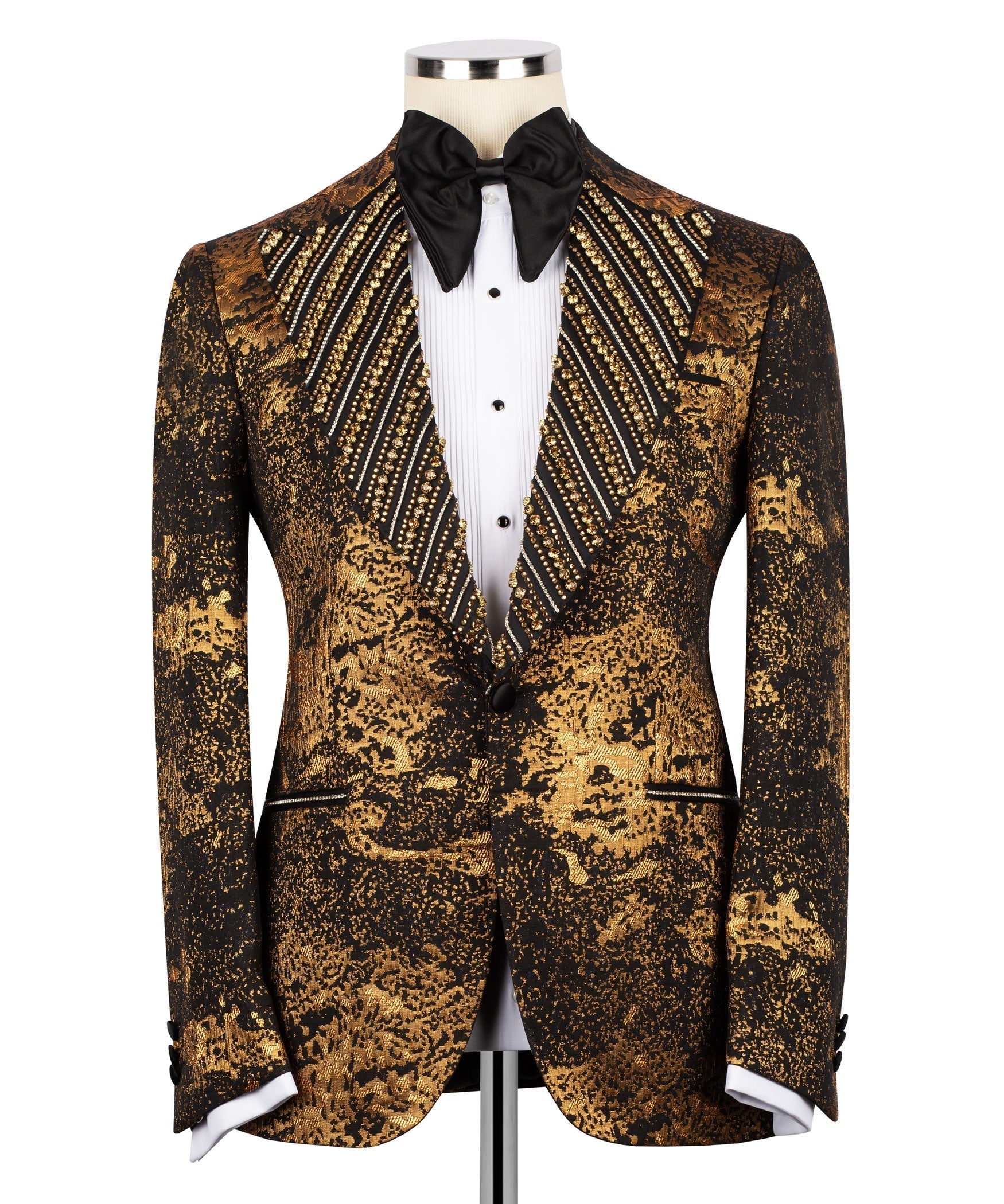 Men's gold-stone embroidered tuxedo jacket with black lapels, bow tie, and white shirt