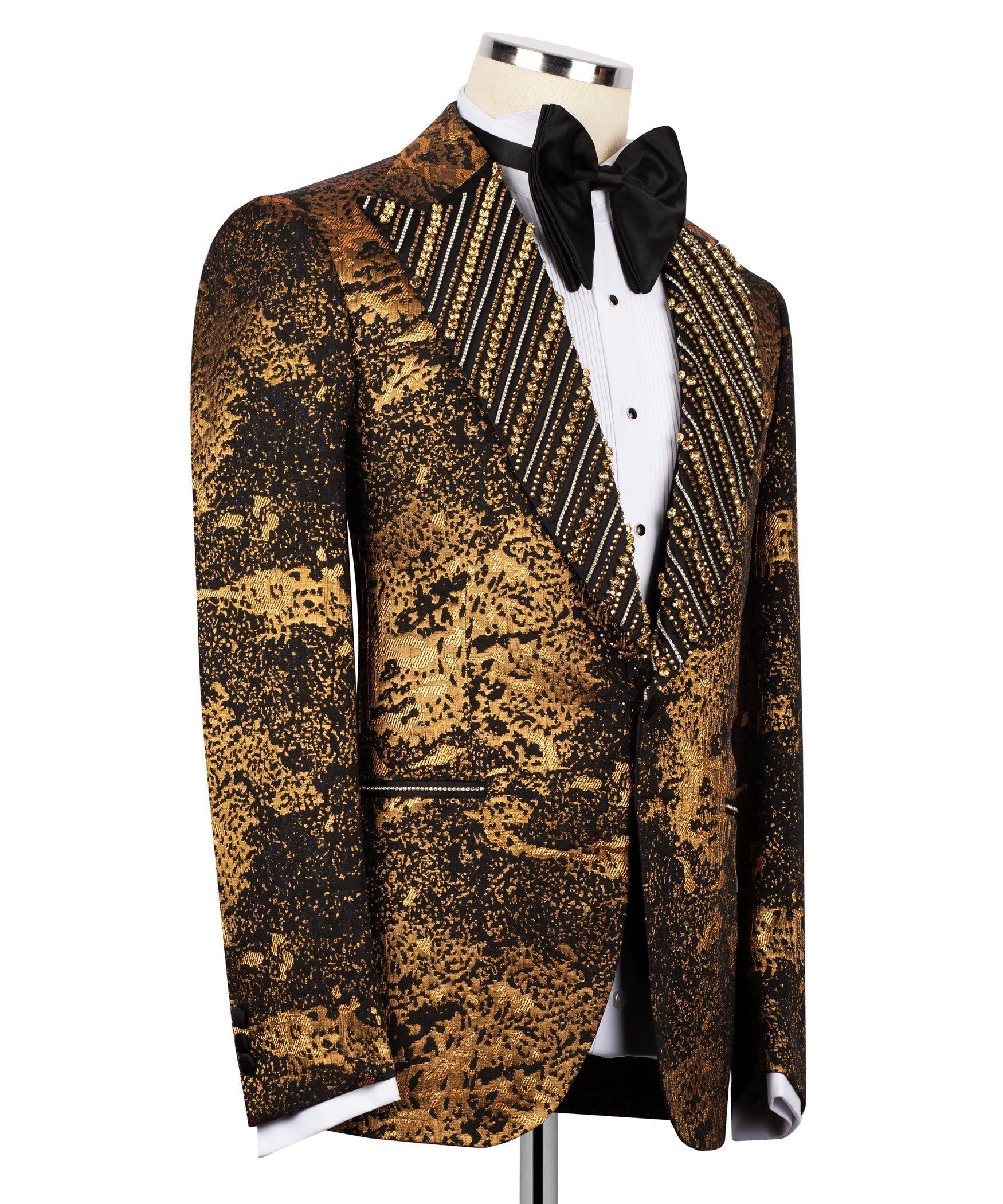 Gold-stone embroidered tuxedo jacket with black bow tie and white shirt front (side view)