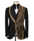 Men's black tuxedo jacket with gold stone embroidery and satin bow tie, peak lapel