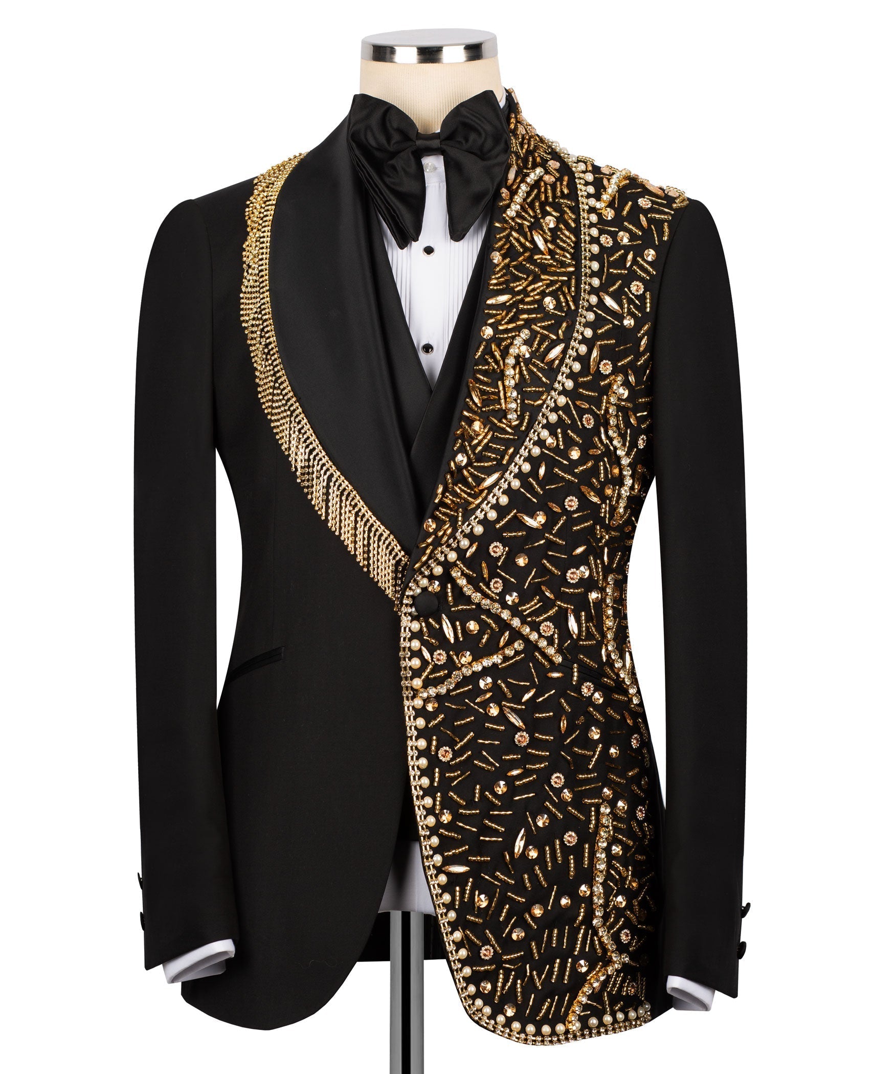 Men's black tuxedo jacket with gold stone embroidery and satin bow tie, peak lapel