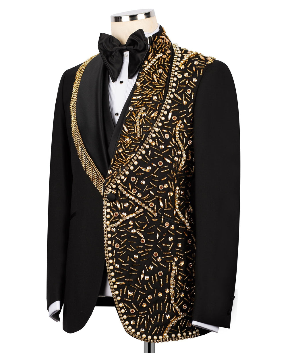 Black tuxedo jacket with gold bead and stone embellishment on vest panel