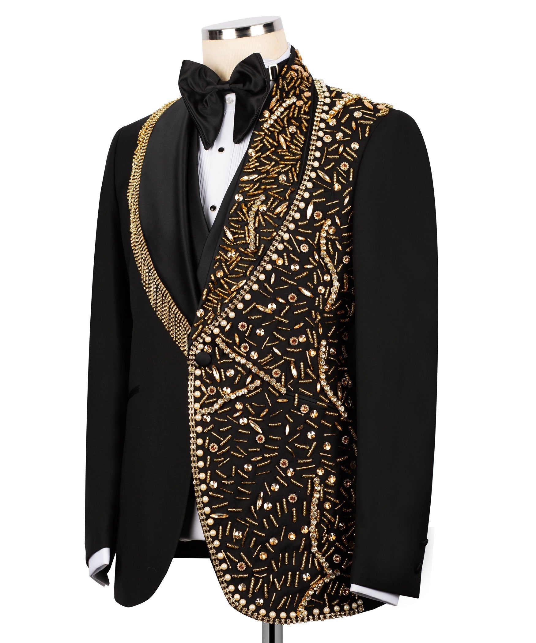Black tuxedo jacket with gold bead and stone embellishment on vest panel