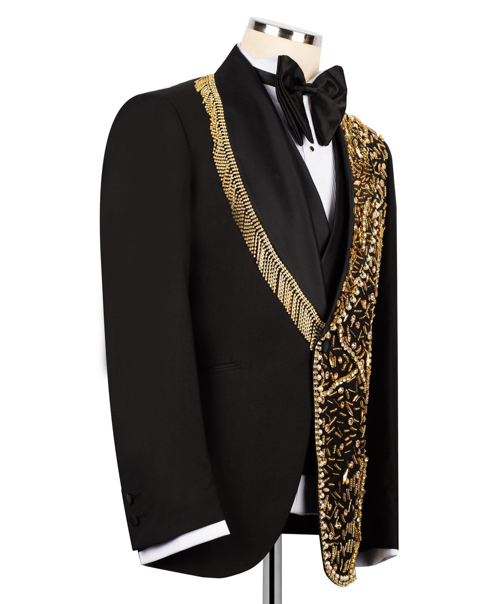 Black tuxedo jacket with gold-embroidered decorative lapel trim and satin bow