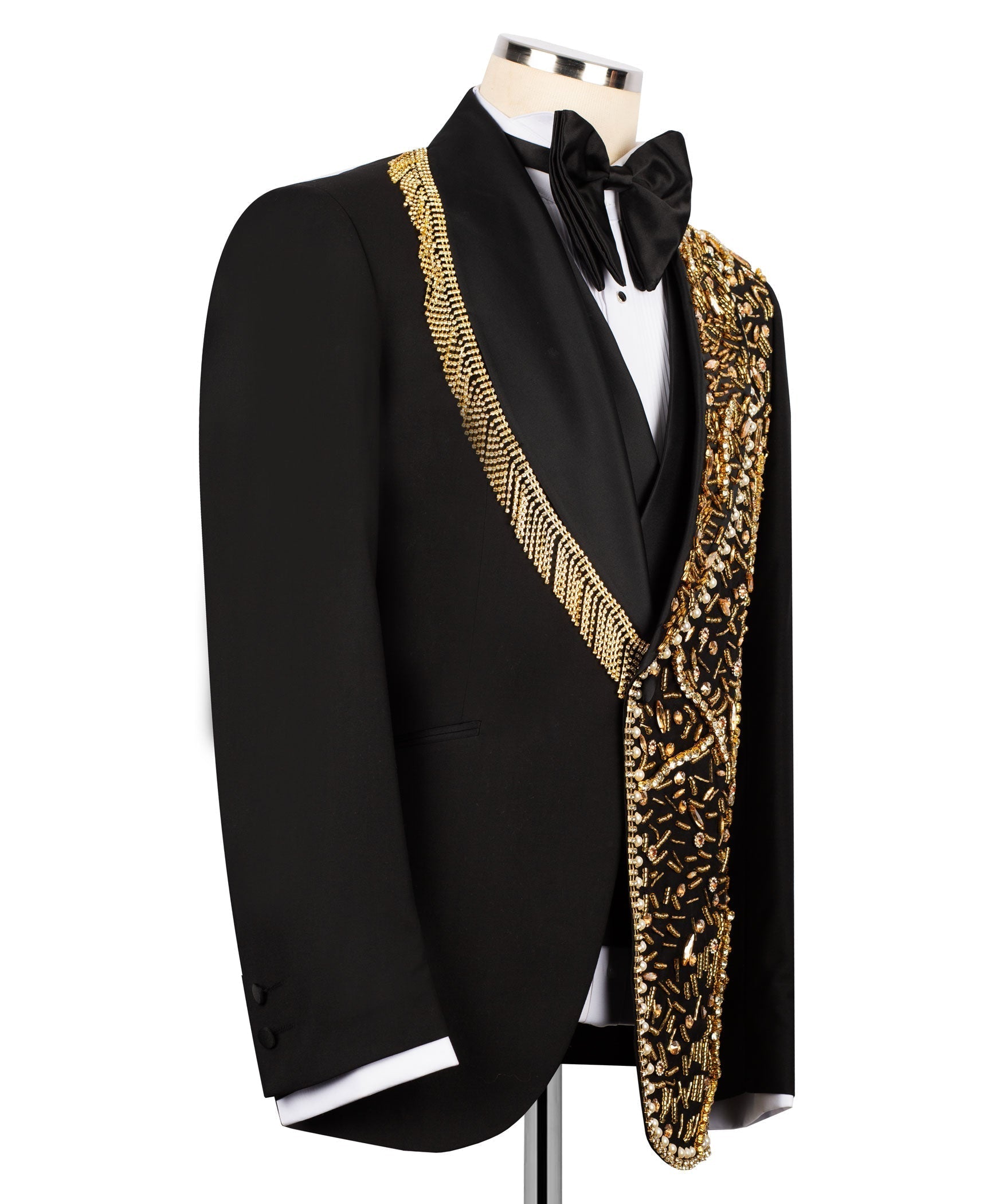 Black tuxedo jacket with gold-embroidered decorative lapel trim and satin bow