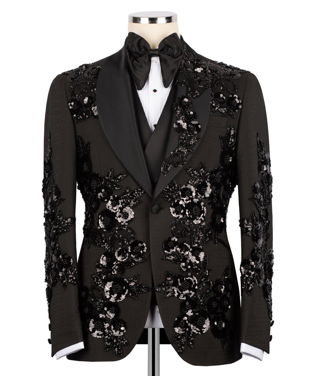 Men’s black tuxedo dinner jacket with floral sequin embroidery, satin lapels, bow tie
