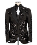 Men’s black tuxedo dinner jacket with floral sequin embroidery, satin lapels, bow tie