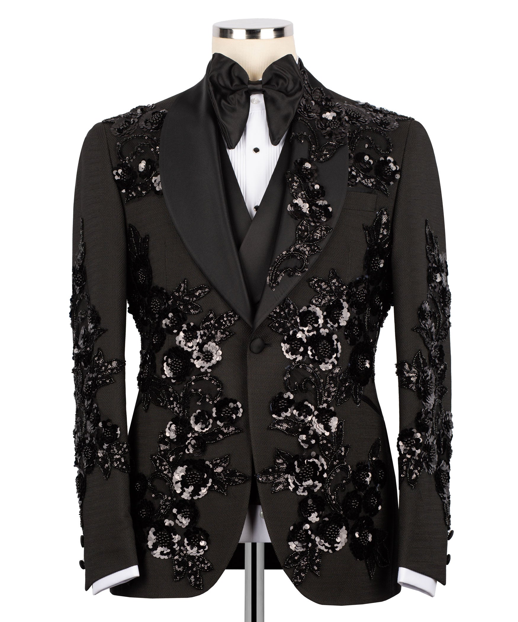 Men’s black tuxedo dinner jacket with floral sequin embroidery, satin lapels, bow tie