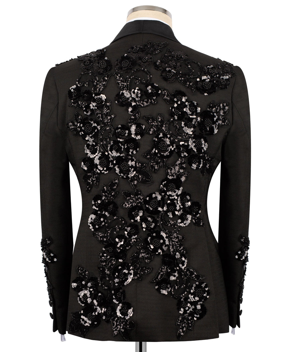 Men’s black tuxedo jacket back view with dense floral sequin embroidery