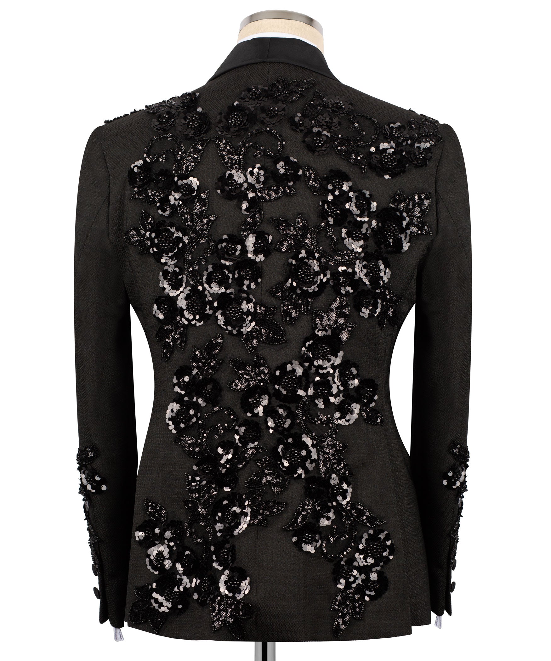 Men’s black tuxedo jacket back view with dense floral sequin embroidery