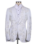 White tuxedo jacket with floral sequined embroidery and satin bow tie