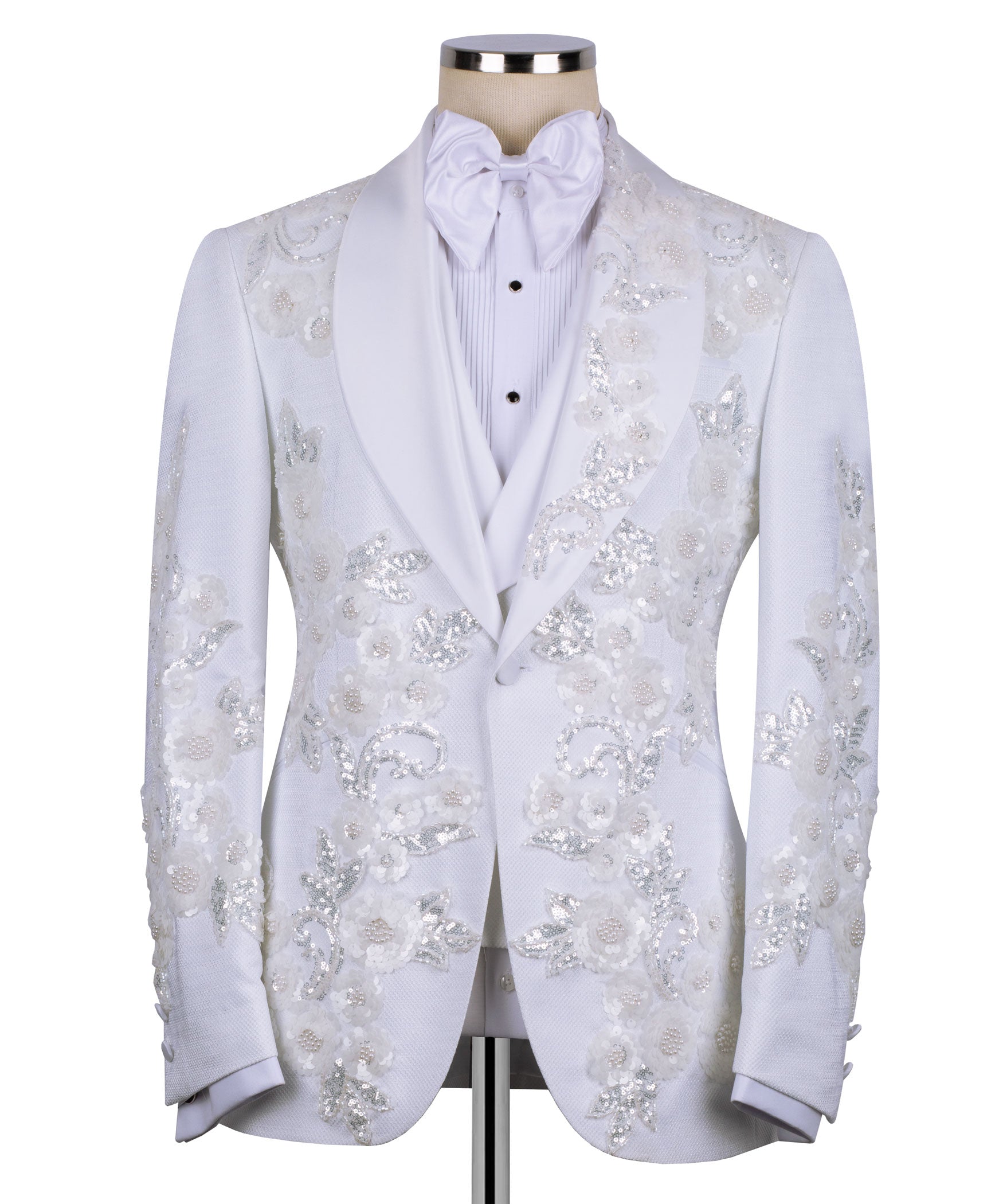 White tuxedo jacket with floral sequined embroidery and satin bow tie