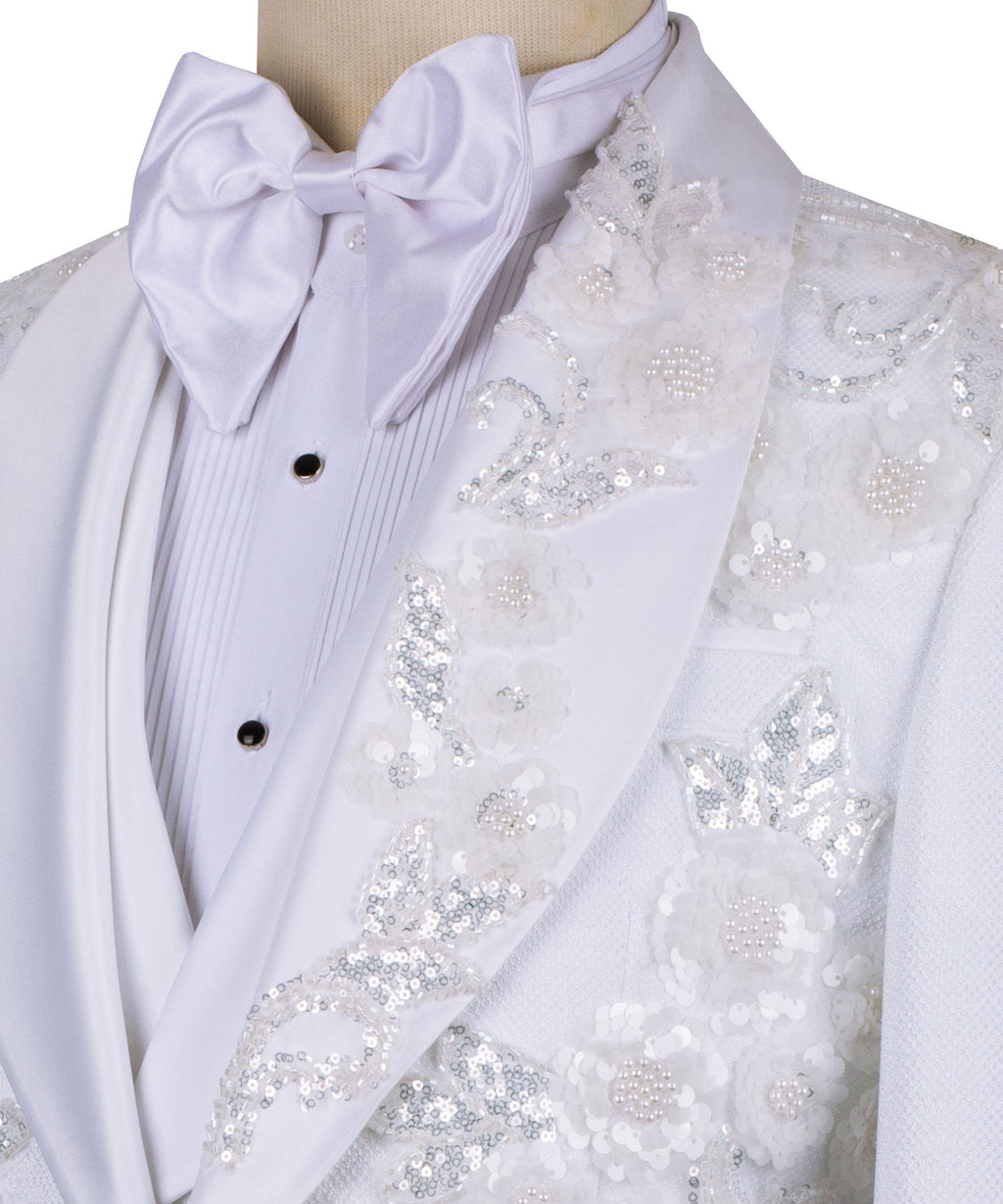 White formal vest and jacket lapels with floral sequins and satin bow tie