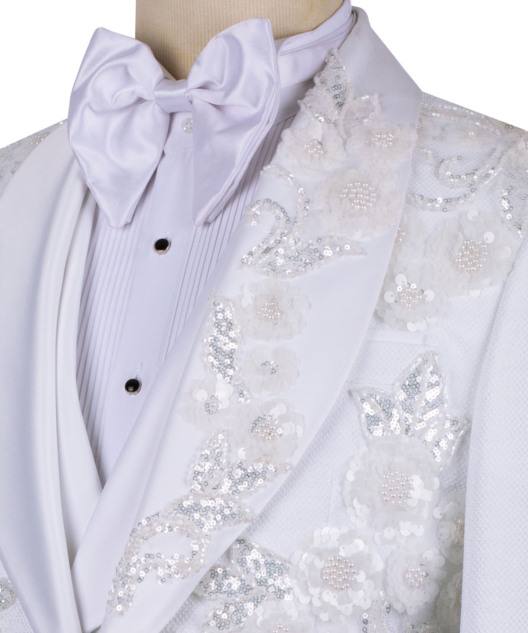White formal vest and jacket lapels with floral sequins and satin bow tie