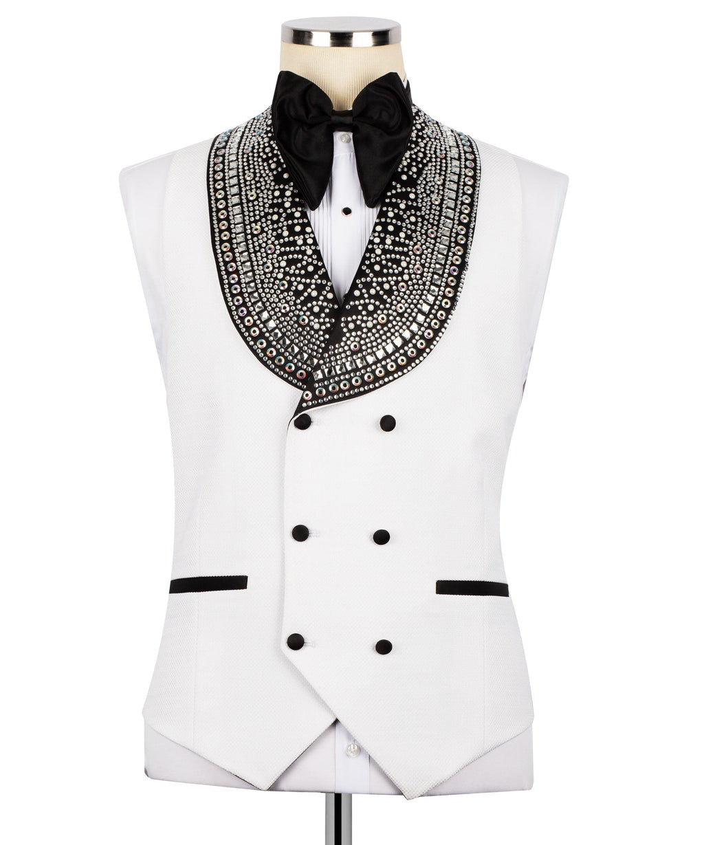 White tuxedo waistcoat front with black satin bow tie and crystal-embellished V lapels