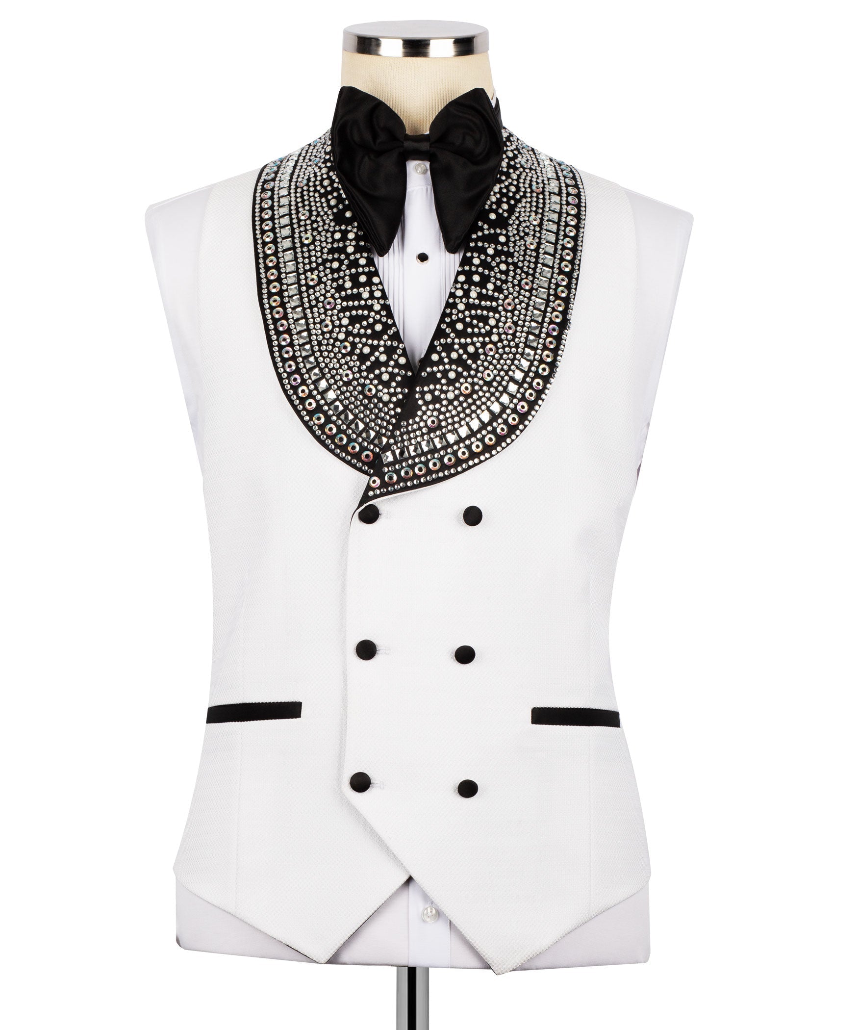 White tuxedo waistcoat front with black satin bow tie and crystal-embellished V lapels