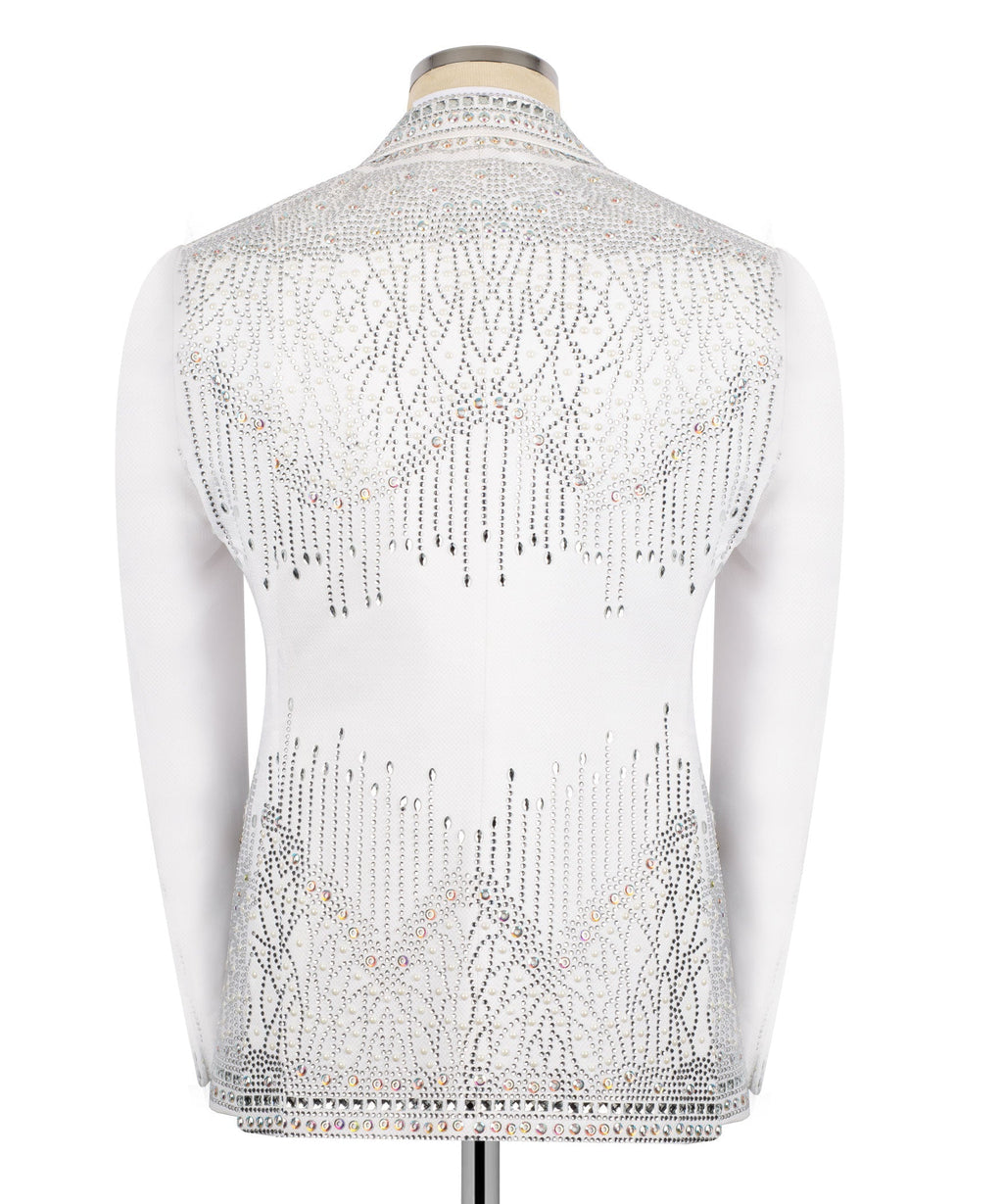 Men’s white tuxedo jacket back with crystal embroidery and bead fringe
