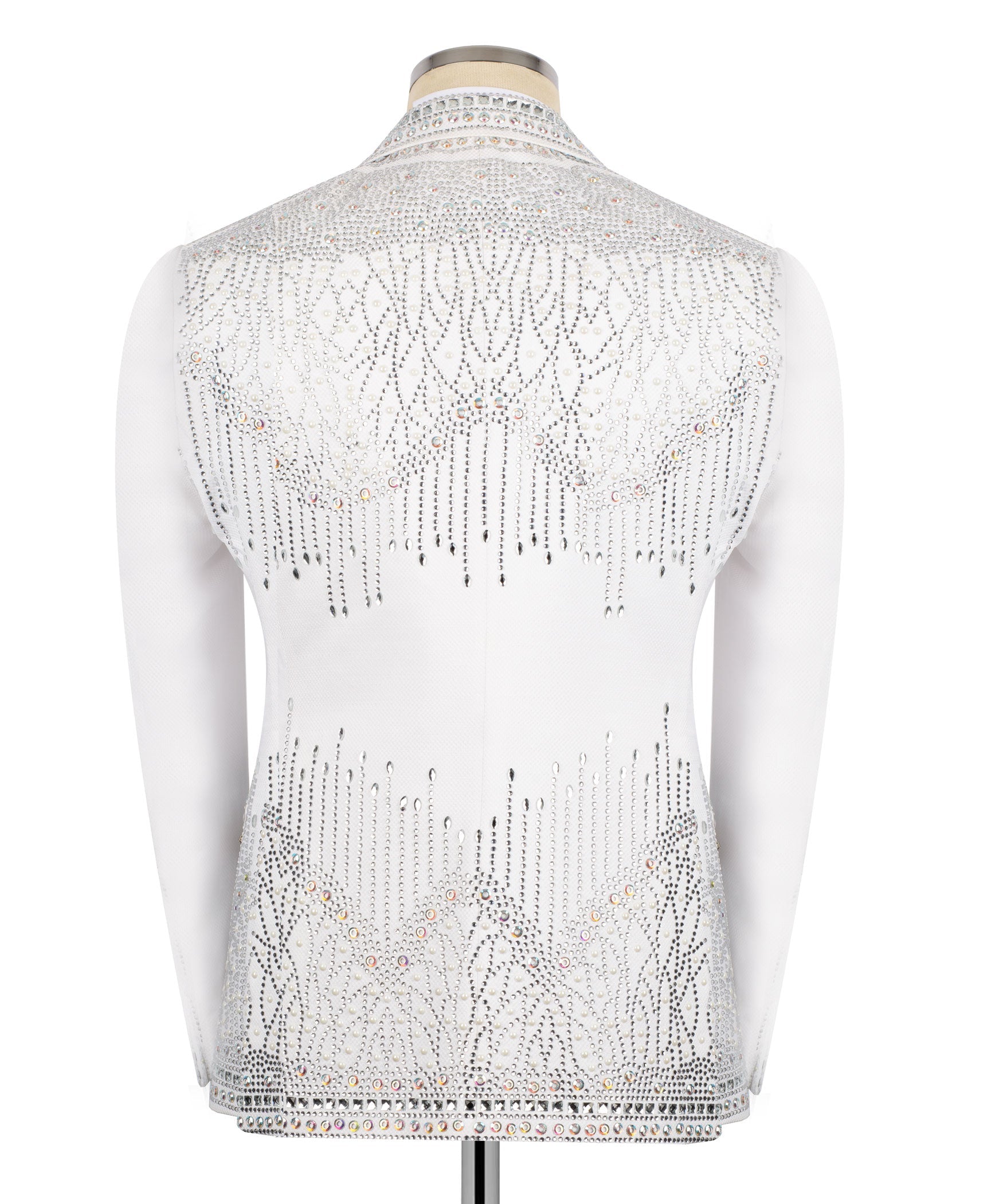 Men’s white tuxedo jacket back with crystal embroidery and bead fringe