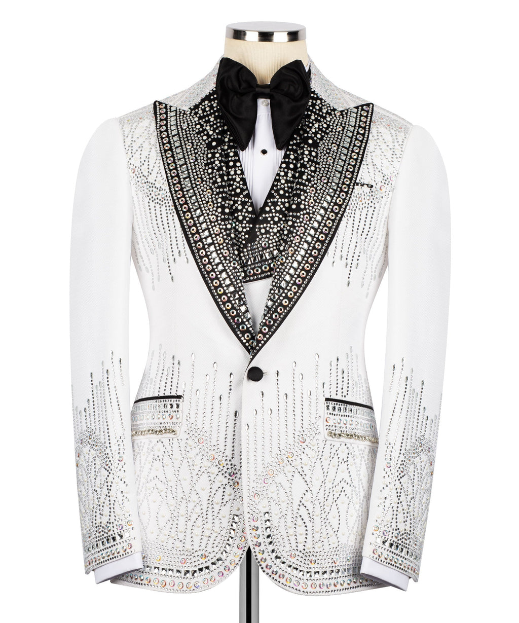 White tuxedo jacket front with black satin bow tie and crystal-embellished V panel
