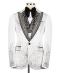 White tuxedo jacket front with black satin bow tie and crystal-embellished V panel