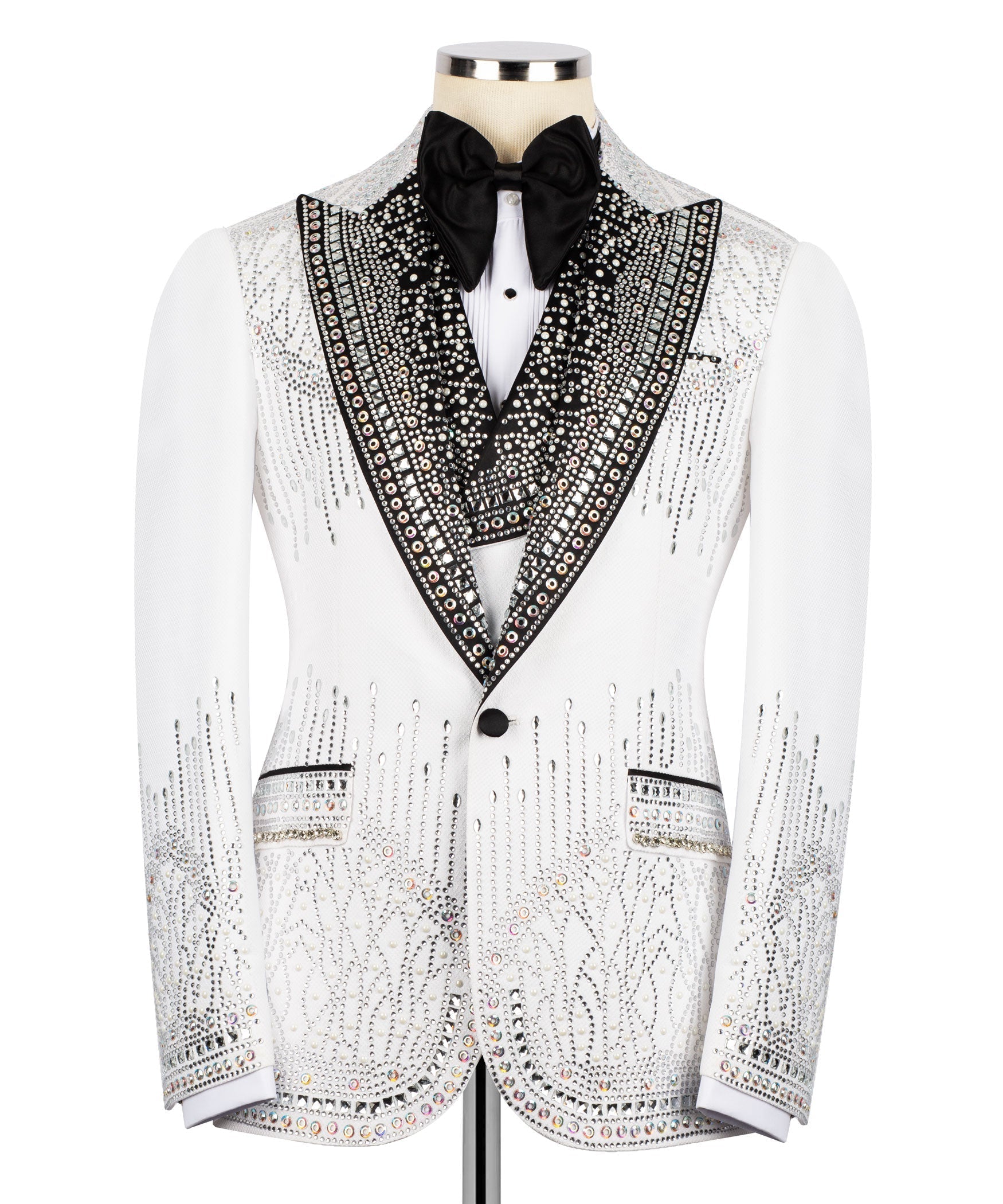 White tuxedo jacket front with black satin bow tie and crystal-embellished V panel