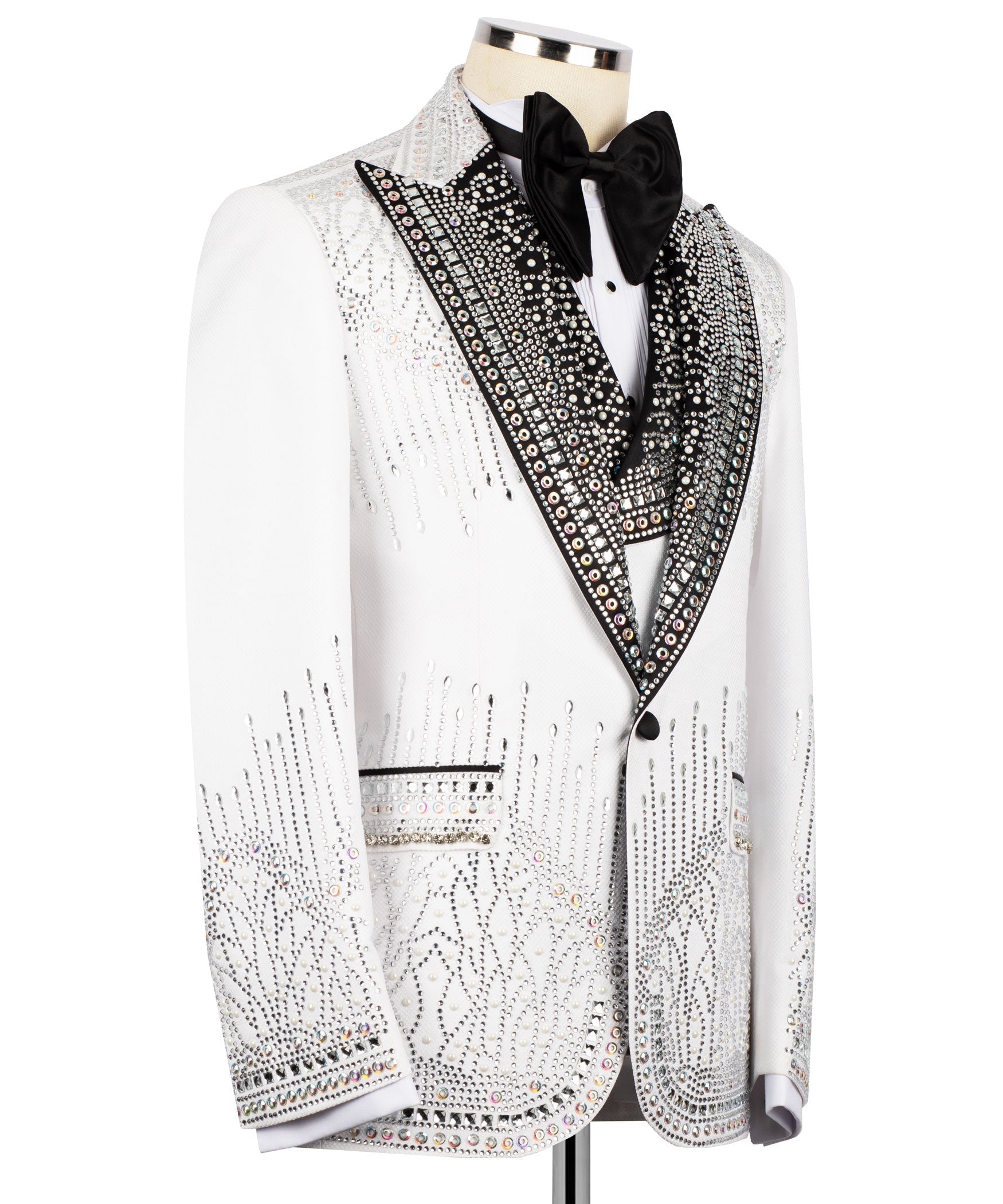 Men’s white tuxedo jacket with black satin bow tie and crystal trim stripe