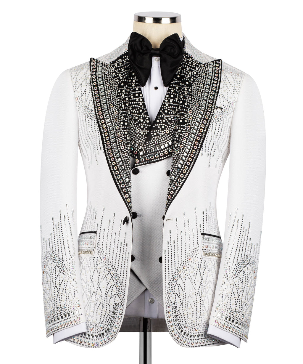 Men’s white tuxedo jacket with black crystal-embellished lapels and bow tie