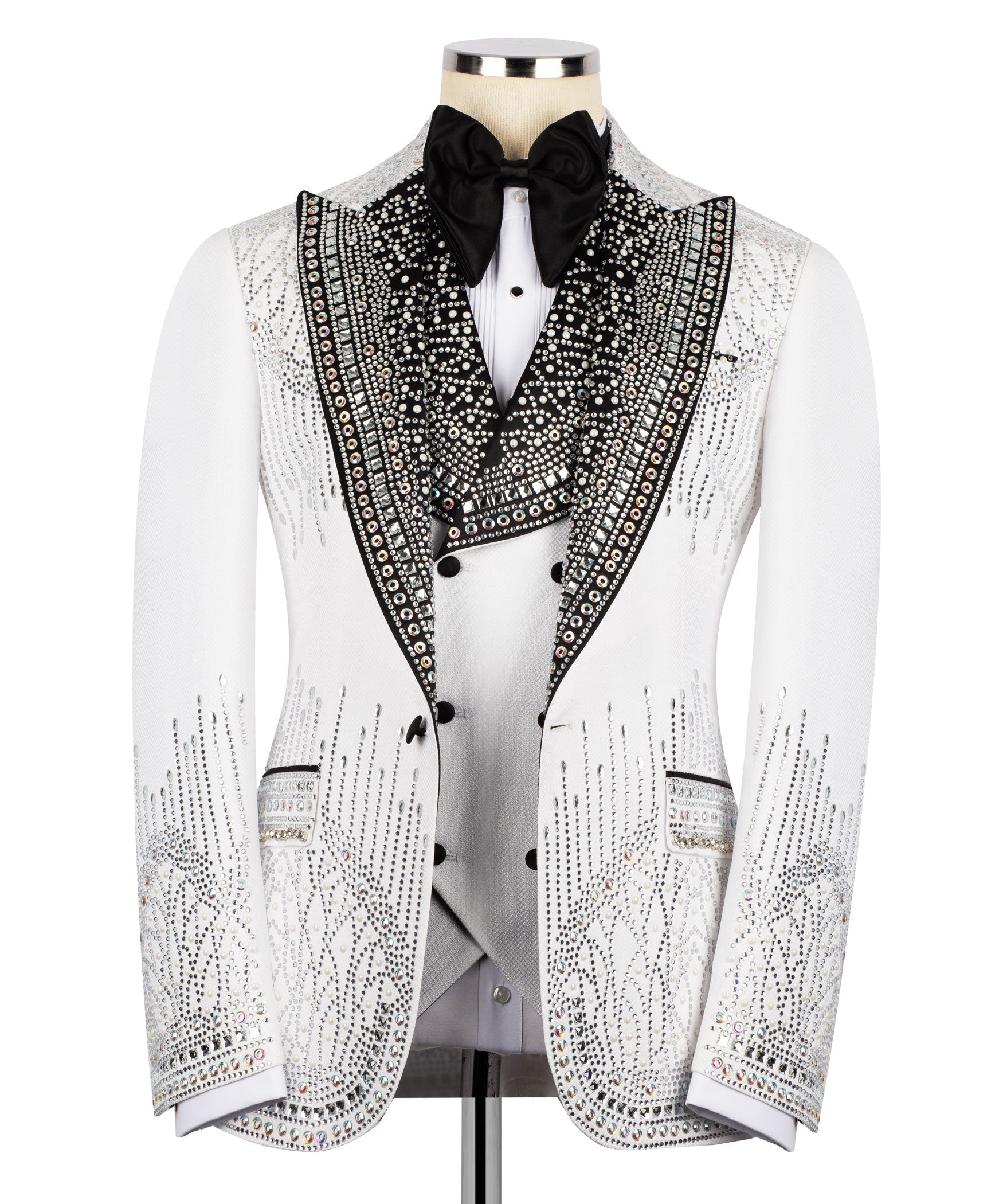 Men’s white tuxedo jacket with black crystal-embellished lapels and bow tie
