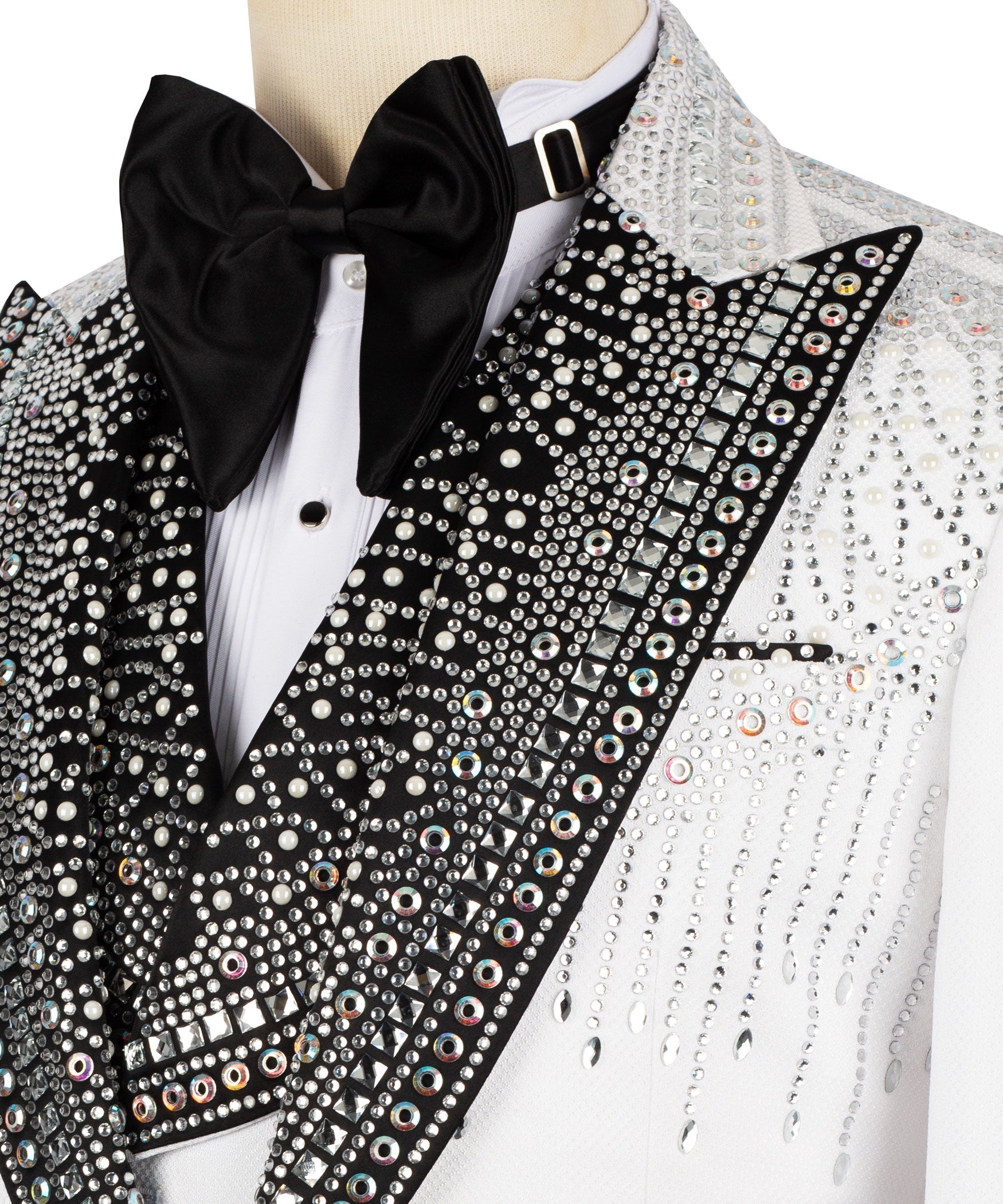 Black satin bow tie and crystal-embellished tuxedo lapel with patterned trim