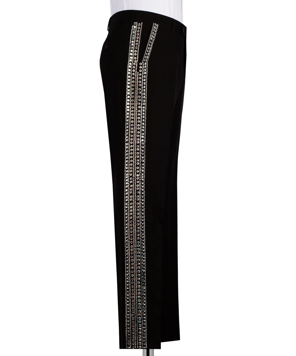 Black tuxedo trousers with white crystal stripe down the side