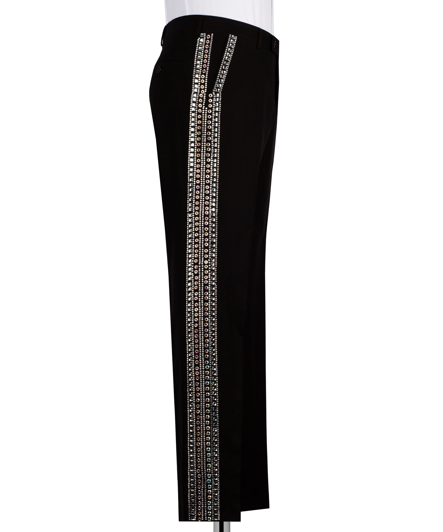 Black tuxedo trousers with white crystal stripe down the side