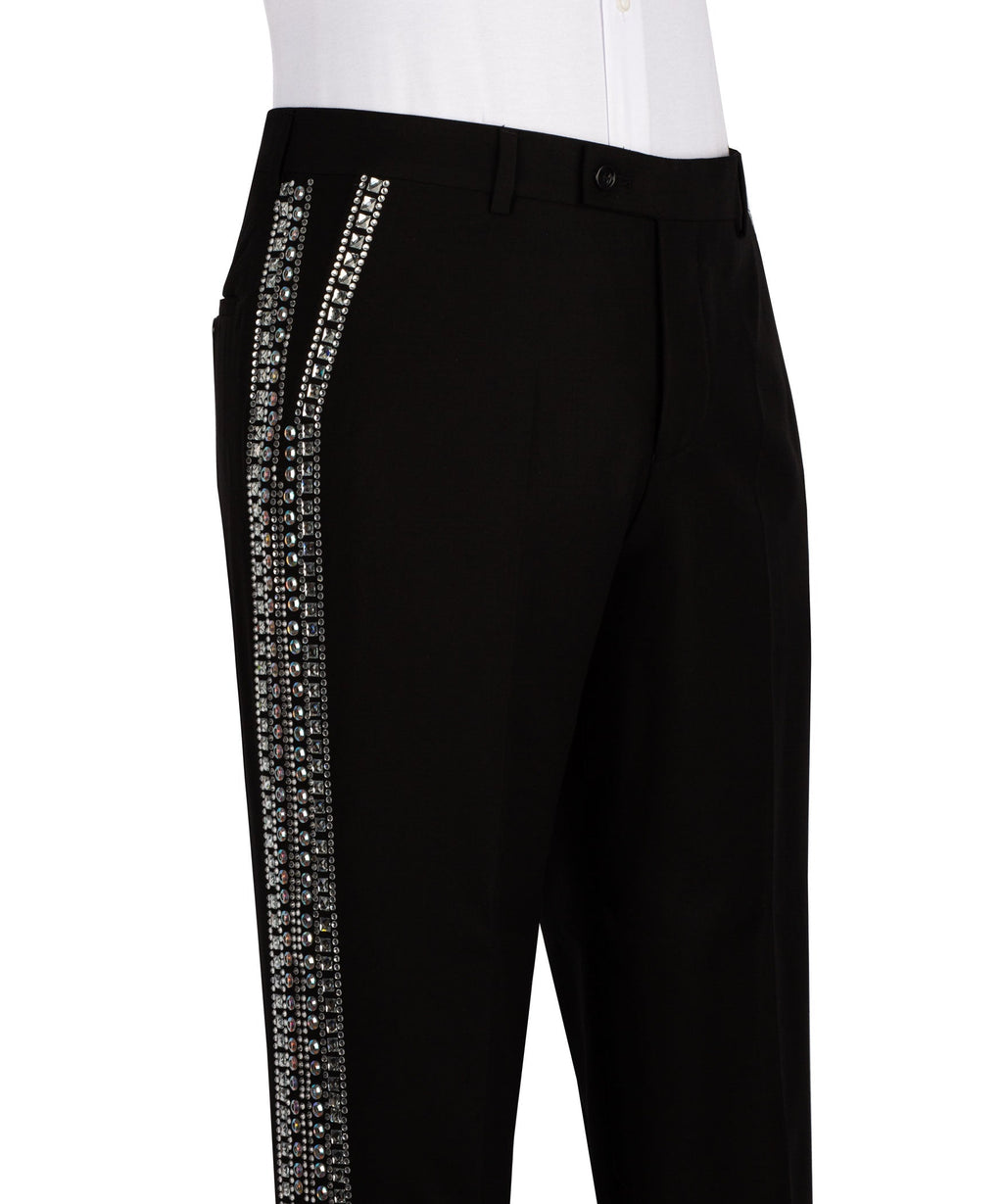Black tuxedo trousers front with vertical crystal stripe and button waistband