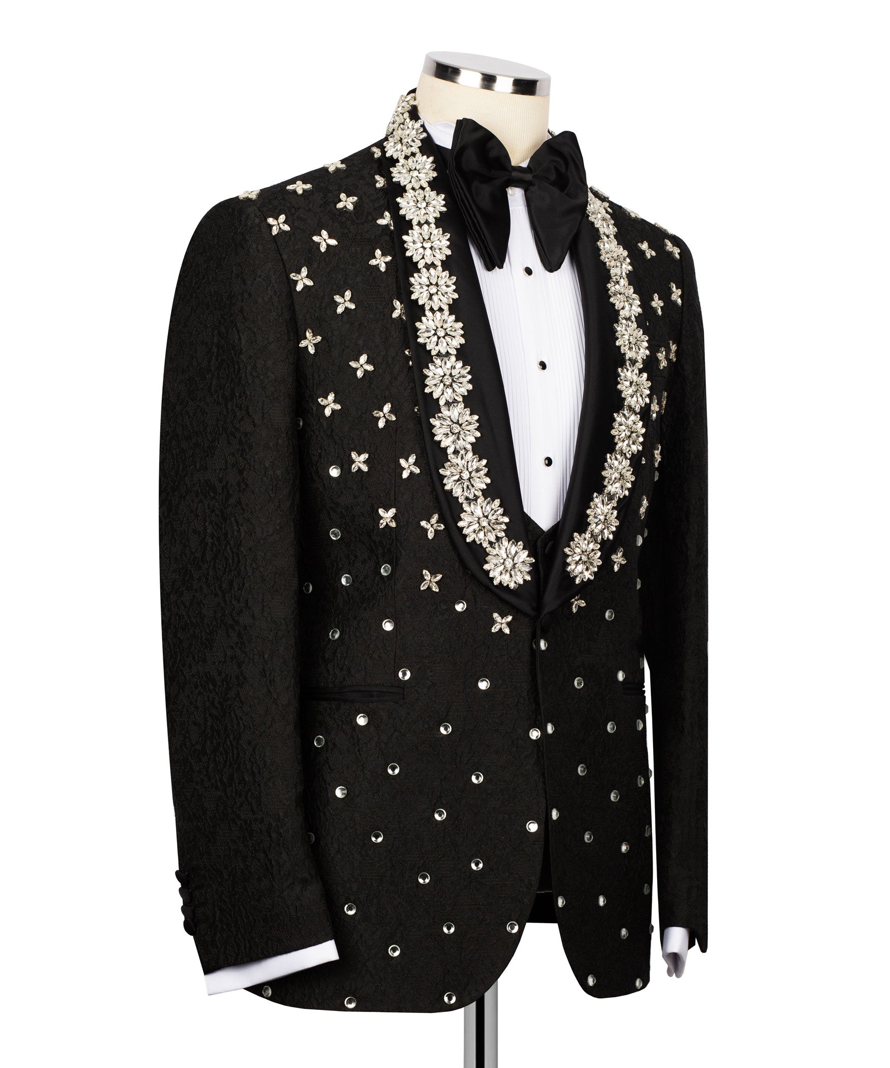 Black tuxedo jacket with floral vine and butterfly embroidery across chest and pockets