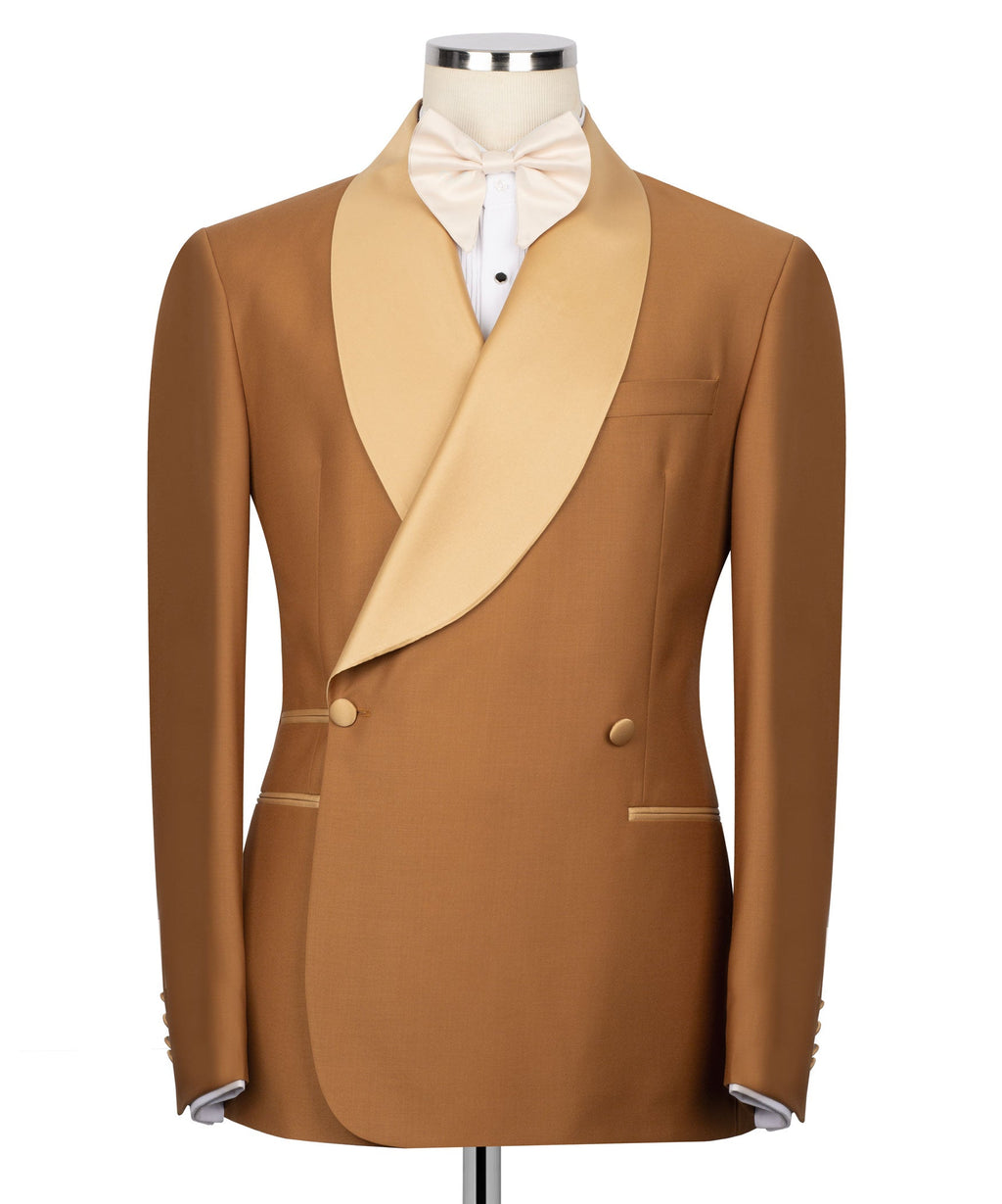 Tan tuxedo jacket with cream shawl collar and bow tie, two-button front