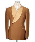 Tan tuxedo jacket with cream shawl collar and bow tie, two-button front