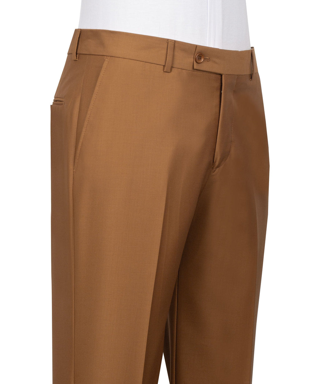 Tan dress trousers with belt loops, front pleats, and button closure