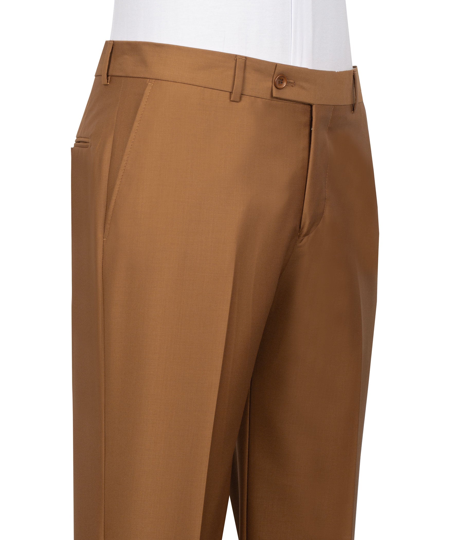 Tan dress trousers with belt loops, front pleats, and button closure