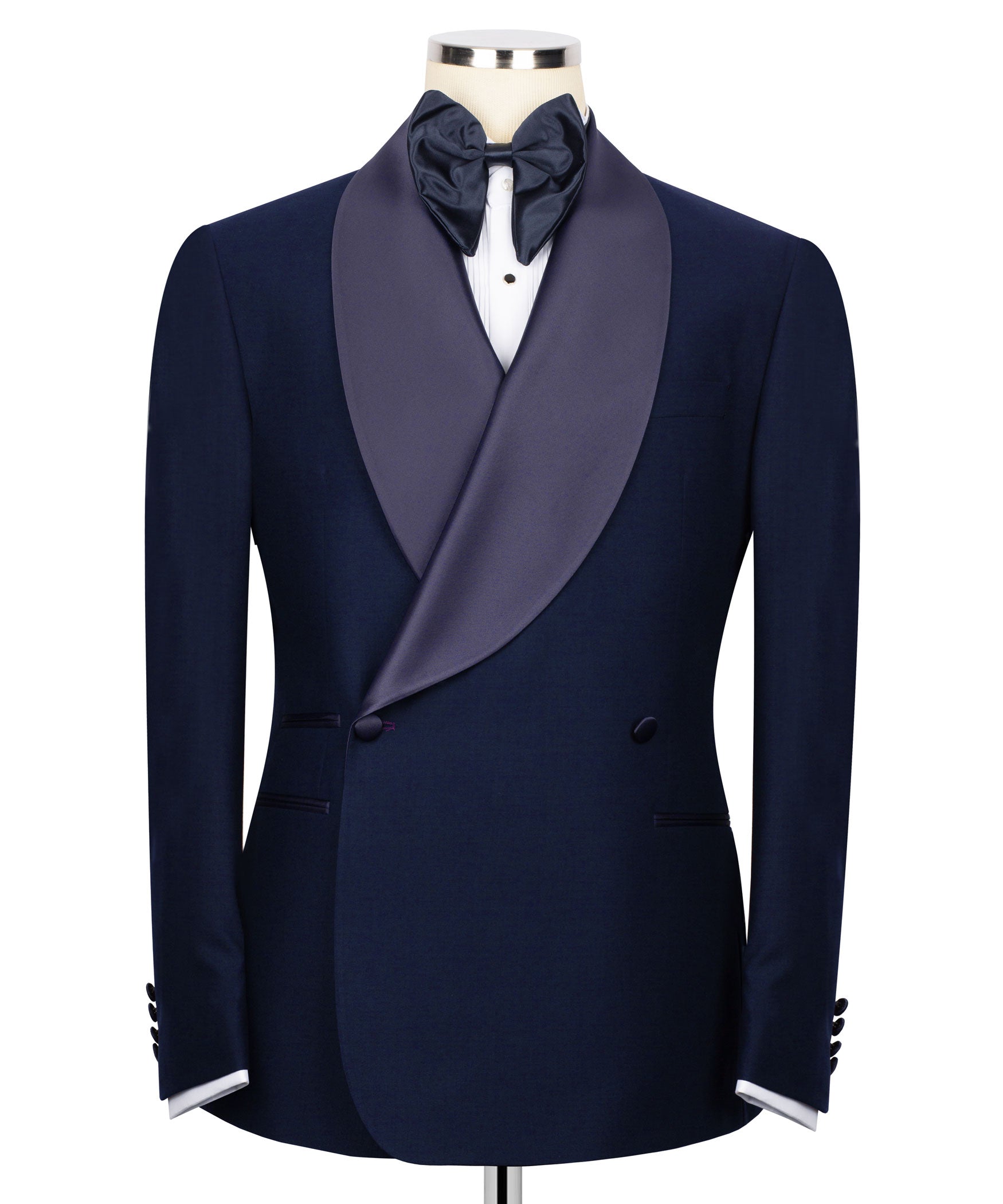 Navy blue tuxedo jacket with satin shawl lapel and black bow tie