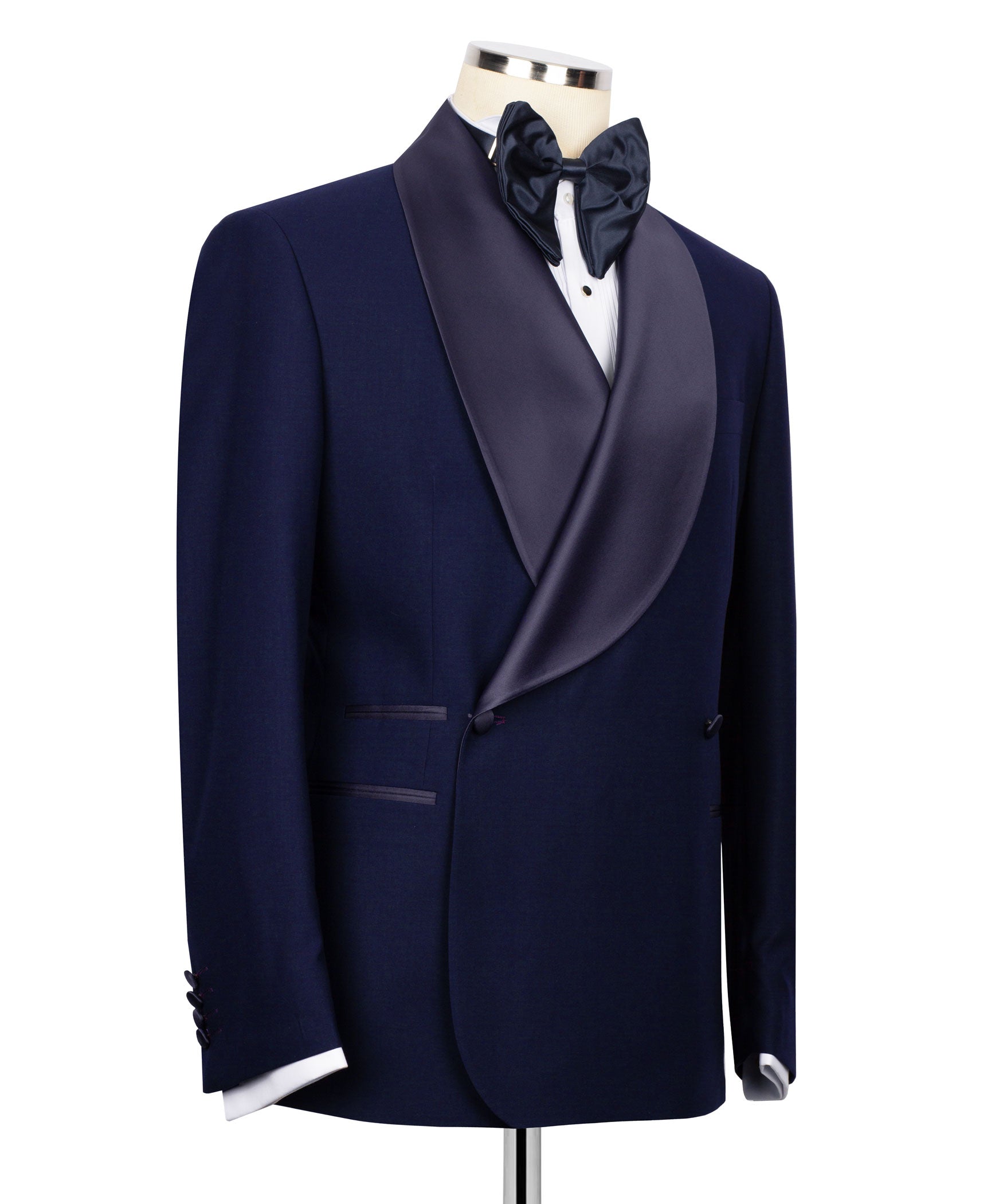 Navy tuxedo two-piece jacket front view with satin shawl lapel and bow tie