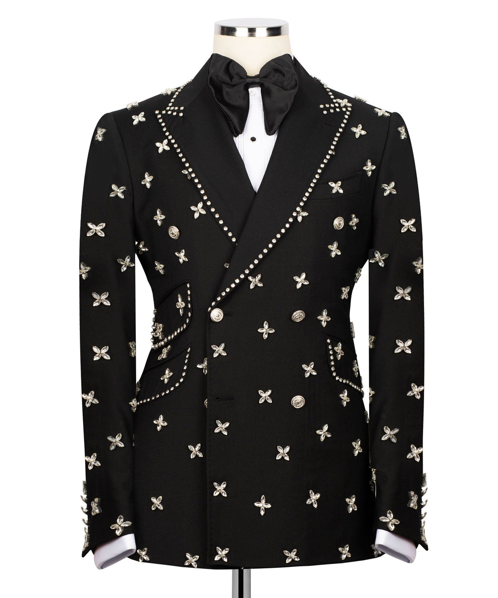 Black tuxedo jacket with butterfly embroidery, rhinestone lapel trim, and black bow tie