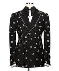 Black tuxedo jacket with butterfly embroidery, rhinestone lapel trim, and black bow tie