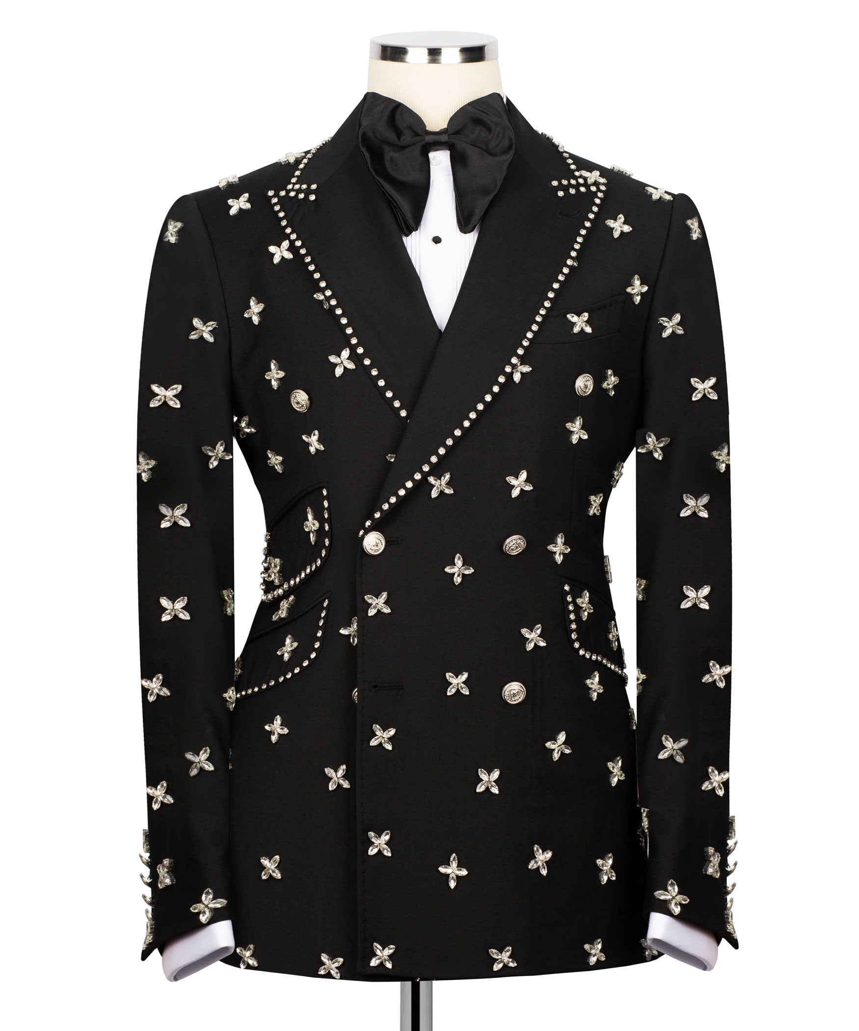 Black tuxedo jacket with butterfly embroidery, rhinestone lapel trim, and black bow tie